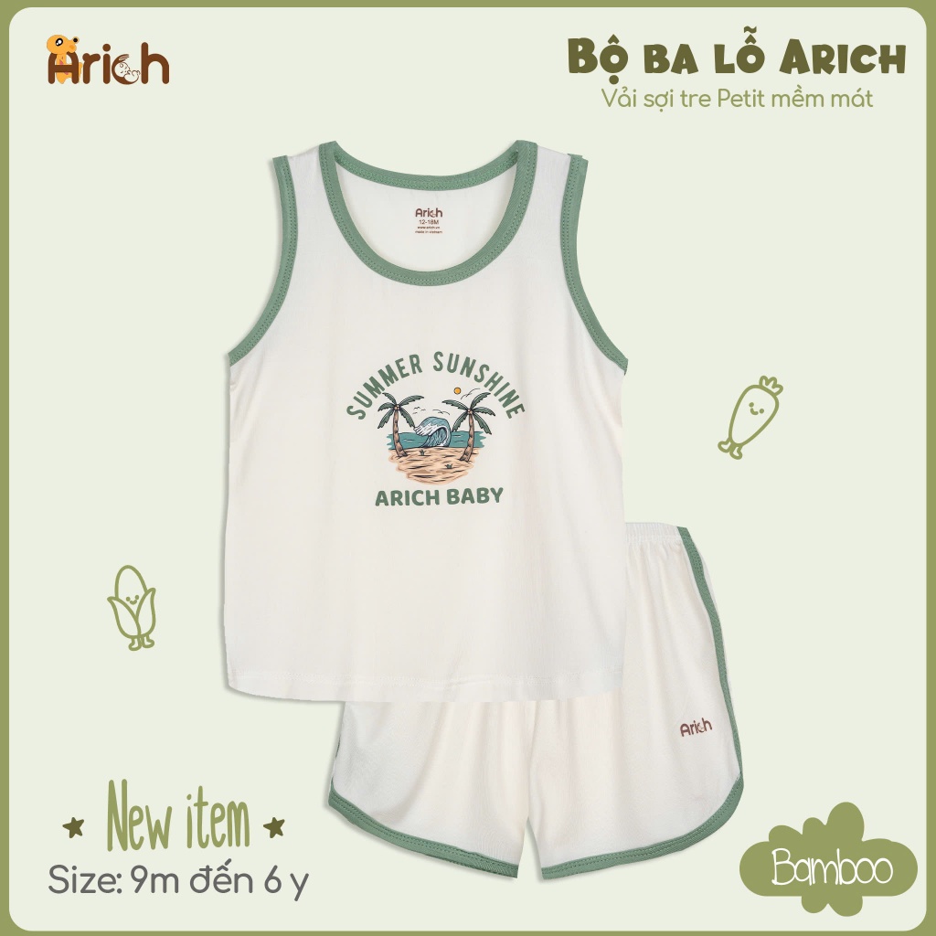 Bộ ba lỗ trẻ em Arich, đồ bộ trẻ em thiết kế thể thao, chất liệu vải sợi tre cho bé trai, gái size 9