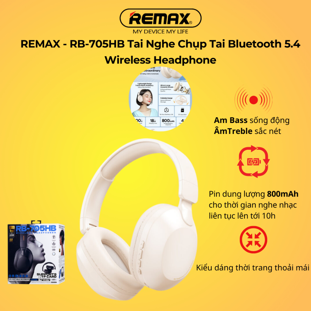REMAX - RB-705HB Tai Nghe Chụp Tai Bluetooth 5.4 Wireless Headphone