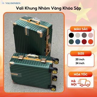 Vali Khóa Sập Khung Nhôm Vàng Cao Cấp Size 20/24 Inch Có Móc Treo Đồ, Vali Du Lịch Công Tác Bền Đẹp