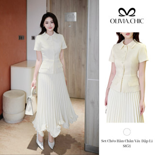  Set Váy Công Sở Olivia.Chic Chất Chéo Hàn Lót Lụa Áo Cổ Sơ Mi Ngắn Tay Ôm Eo Phối Chân Váy Dập Li Quạy S851 