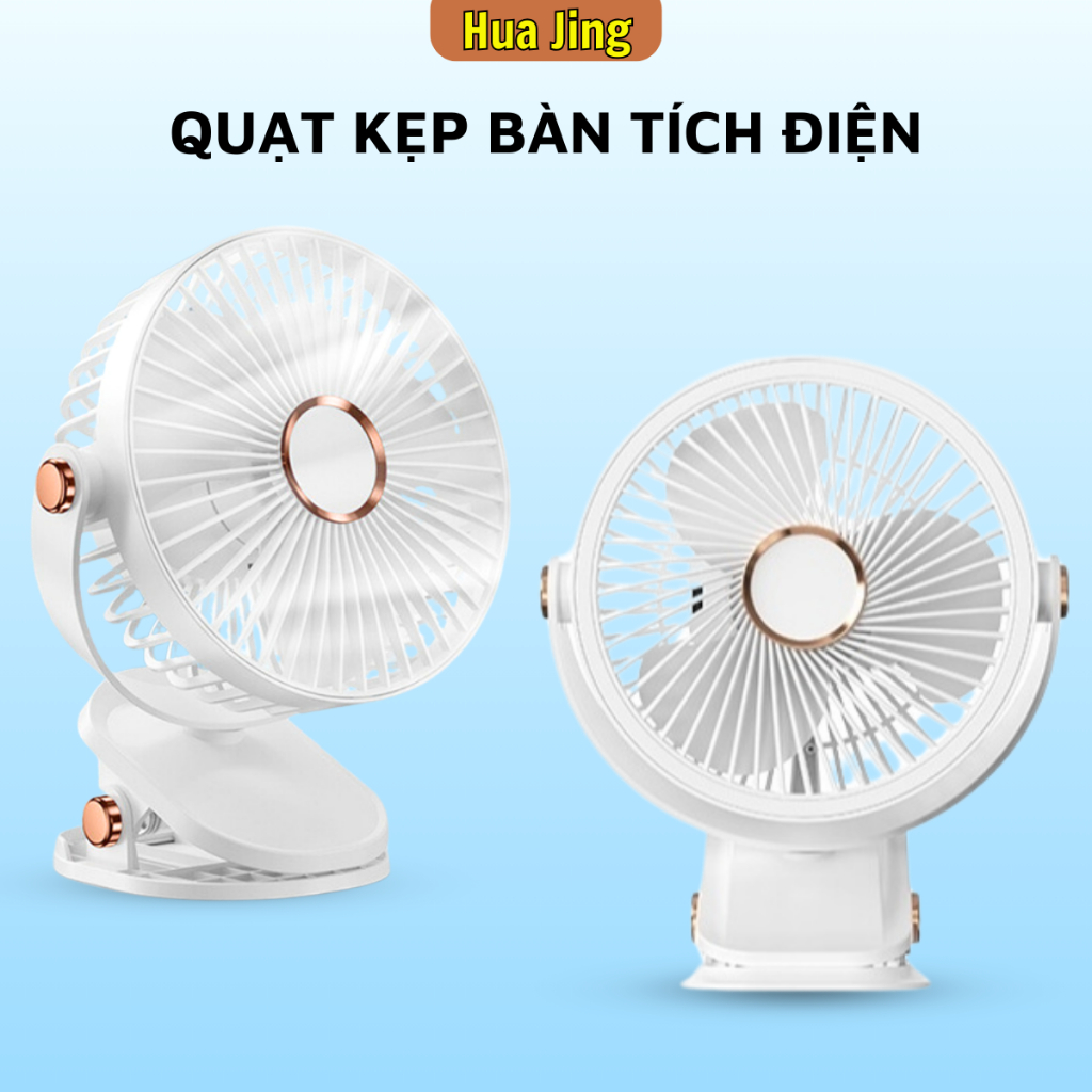 Quạt kẹp bàn tích điện mini, quạt để bàn văn phòng tích hợp LED xoay 360 độ pin trâu - Huajing