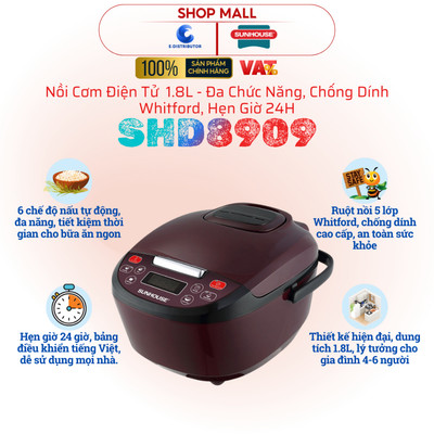 [HỎA TỐC] Nồi cơm điện tử SUNHOUSE SHD8909 1.8L - Đa chức năng, Chống dính Whitford, Hẹn giờ 24H - Chính hãng