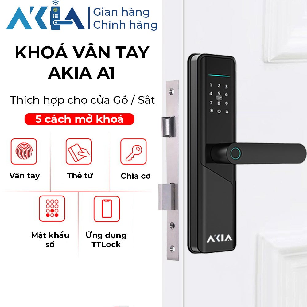 Khoá vân tay cửa gỗ AKIA A1 - Nhiều cách mở khoá, Hỗ trợ App TTLock, Thiết kế nhỏ gọn, Bảo Hành 12th