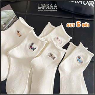 Tất cổ ngắn chất liệu cotton mềm mại, vớ 5 đôi cổ nhún bèo họa tiết dễ thương - Lorra Shop