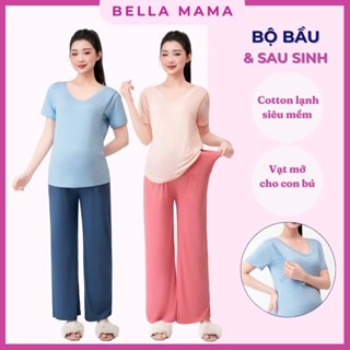 Bộ Bầu Mặc Nhà Cotton Bella Mama Đồ Bầu Sau Sinh Vạt 2 Bên Cho Con Bú Và Quần Chun Chỉnh Bụng Bella Mama BN23