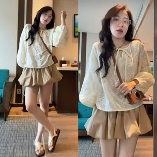 [Hàng 3 Size]: Set Áo Ren Hoa Cổ Nơ Phối Chân Váy Nâu Dáng Bí Phồng Siêu Hack Dáng (Ảnh Thật Trải Sàn) Lollaye