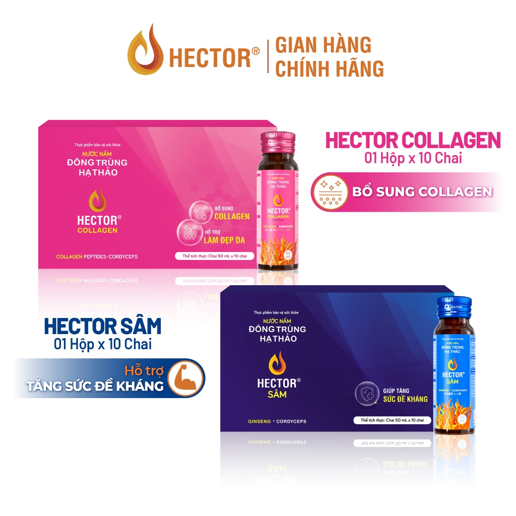 Bộ 2 Hộp Nước Nấm Đông Trùng Hạ Thảo HECTOR Sâm và HECTOR Collagen tăng đề kháng, bổ sung collagen