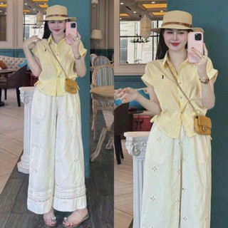 (Hàng 3 Size): Set Áo Sơ Mi Vàng Tay Hến Rút Eo Thêu Ngực Mix Quần Suông Ren Hoa Pha Ren (Ảnh Thật Trải Sàn) Lollaye