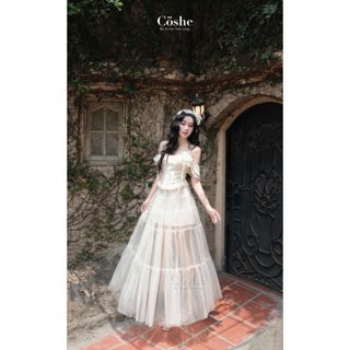 COSHE set áo kiểu trễ vai phối chân váy dài maxi, Lace Set thiết kế sang trọng thanh lịch phong cách Hàn Quốc đi chơi