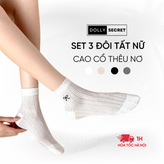 Set 5 Đôi Tất Nữ Thêu Nơ Mùa Hè DOLLYSECRET Vớ Mỏng Thoáng Khí Cao Cấp T02