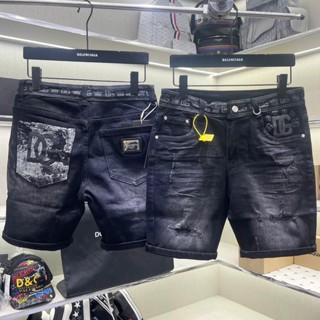 Quần short bò ngố nam PB đen mài rách xước dập nhăn 3D đùi phối in loang thêu logo túi sau QS340P