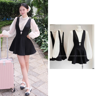  TINA SET - Set Áo Tay Bồng  Đính cổ   + Váy Yếm Xoè tôn dáng che khuyết điểm cho nữ xinh 