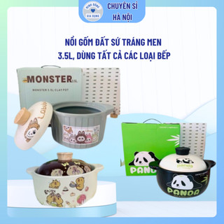 Nồi gốm đất sứ tráng men Kho cá, nấu cháo, nấu mỳ họa sĩ tiết hoạt hình dung tích 3.5L, dùng tất cả các loại bếp