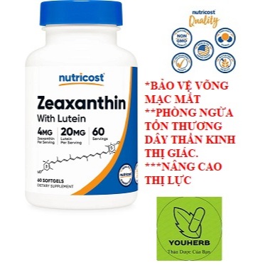 NUTRICOST-ZEAXATHIN 4MG WITH LUTEIN 20MG- 60 VIÊN-BẢO VỆ VÕNG MẠC MẮT;TĂNG CƯỜNG THỊ LỰC