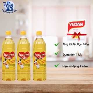 [ Tặng bột ngọt Vedan 100g ] Combo 3 chai dầu ăn Happi Koki 1 lít- HSD 2 năm