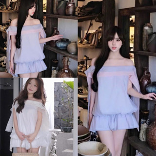 Set váy bí trễ vai phối vạt ngang thả dây xinh xắn kèm quần trong, Đầm trễ vai tay xoè tím trắng hàn quốc