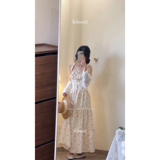 |Khositl| set áo khoác crop trắng tay dài + đầm hoa 2 dây bèo nhíu