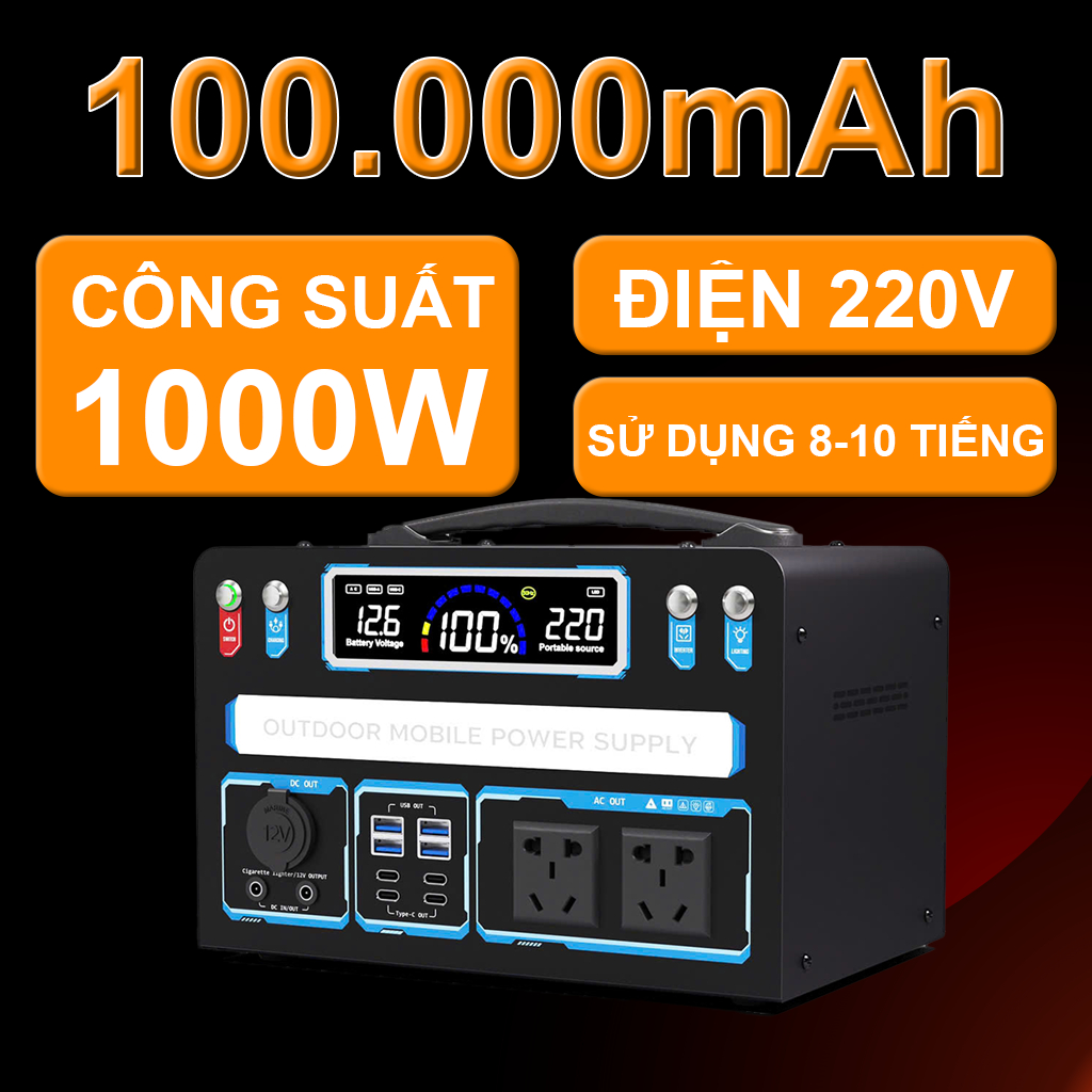 Trạm sạc dự phòng di động công suất 1000W điện 220V dung lượng 100.000mAh dự phòng mất điện, du lịch