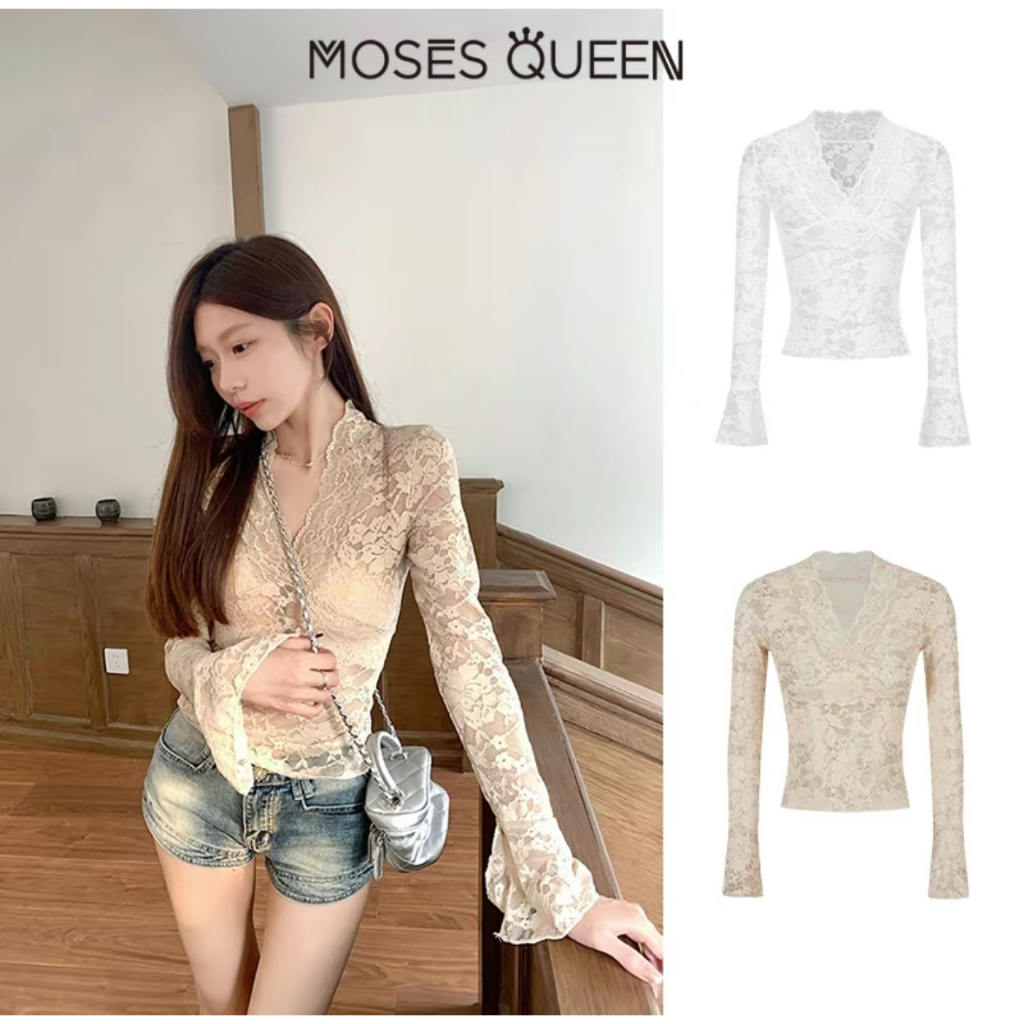 Áo Sơ Mi Ren Trang Trí Viền Cổ Chữ V, MoseQueen, Nhấn Mạnh Vòng Eo Thon Gọn, Ren Mỏng Xuyên Thấu #62