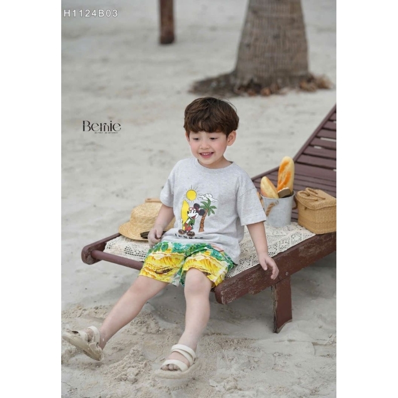 bộ quần áo đi biển cho bé, Set đi biển Mickey Summer, bộ cotton thoáng mát quần đũi mềm mại