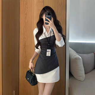 Đầm nữ kiểu sơ mi phối yếm Cindy by Oni, xám sọc, dài tay dáng ngắn công sở thanh lịch mặc đi làm, đi chơi, dự tiệc