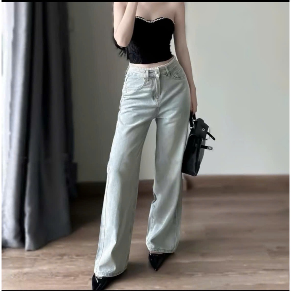Quần jean bò ống suông rộng nữ xuông jeans cạp cao phong cách style Hàn Quốc | BigBuy360 - bigbuy360.vn