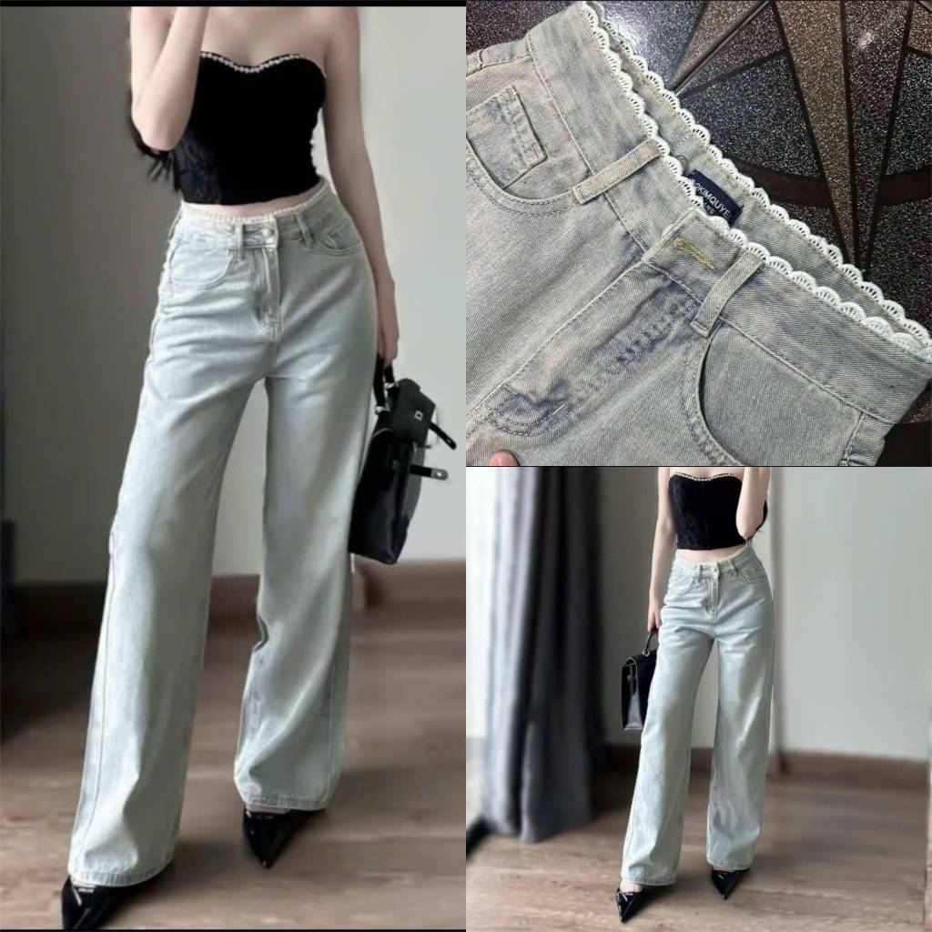 Quần jean bò ống rộng suông xuông nữ jeans cạp cao phong cách style ms18