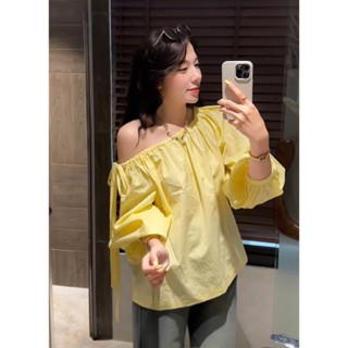 (CHẤT THÔ NHĂN ƯỚT) Áo kiểu tay dài rút dây trễ vai thắt nơ BOWIE TOP