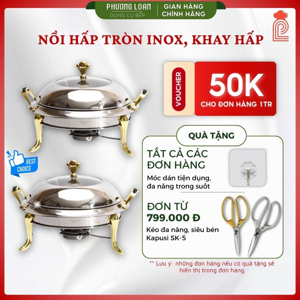 Nồi Hấp Inox Hâm Nóng Thức Ăn Hình Tròn Giữ Nhiệt Lâu Bằng Cồn/Nến Nhiều Size 20cm, 22cm, 24cm, 26cm