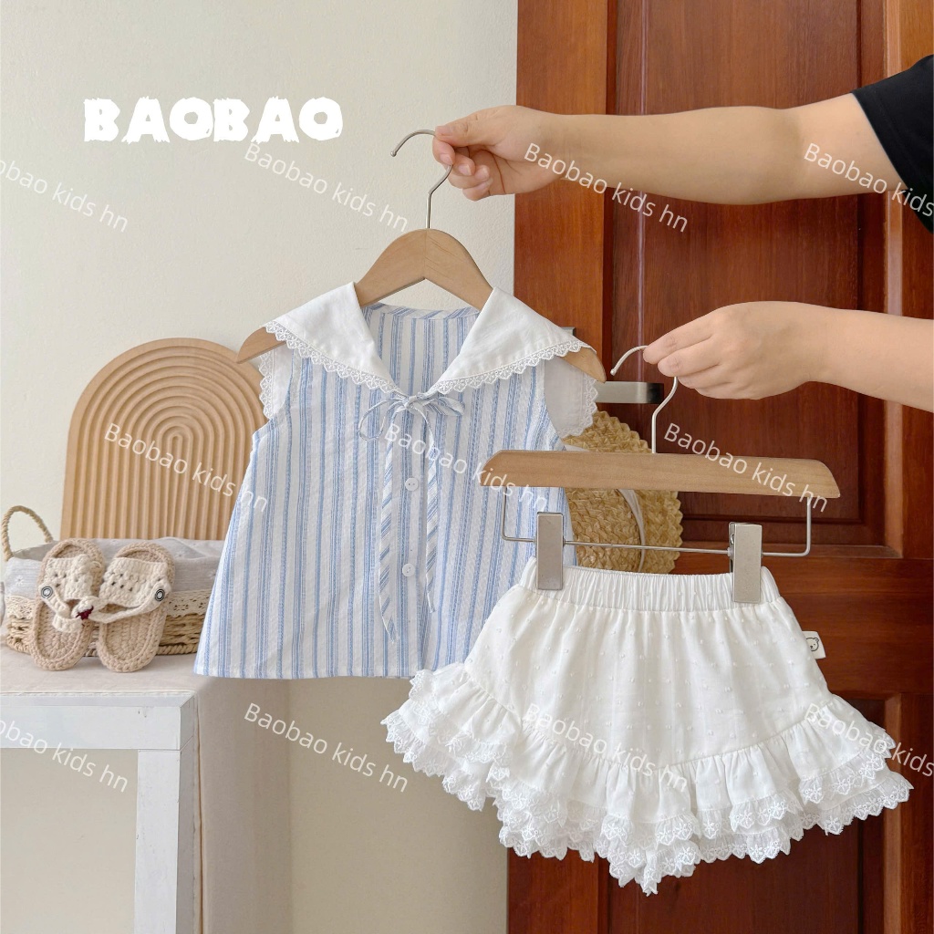 [BAOBAO- ODER] SET BỘ ÁO KẺ XANH PHỐI CHÂN VÁY REN BỒNG XÒE -M407