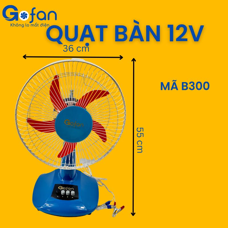 Quạt bàn kẹp bình ắc quy 12V -18W- sải cánh 30cm- lồng 35cm-cao 56cm- hiệu Gofan-có sẵn hàng HCM-Xanh lam