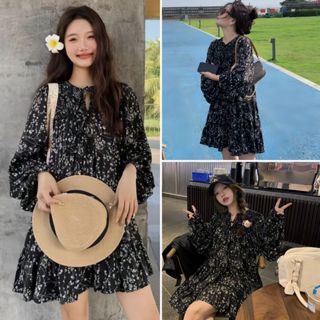 Đầm Babydoll Hoa Nhí Dài Tay Form Rộng Siêu Xinh, Labibi