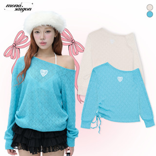 Áo kiểu nữ trễ vai tay dài chất len có dây rút form suôn đính ren MONÁ - DAMI