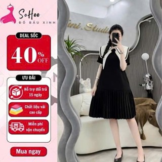 Đầm bầu SOHEE  thiết kế chân váy xếp ly cổ vạt đen trắng sang trọng , dáng babydoll che khuyết điểm bụng xinh xắn