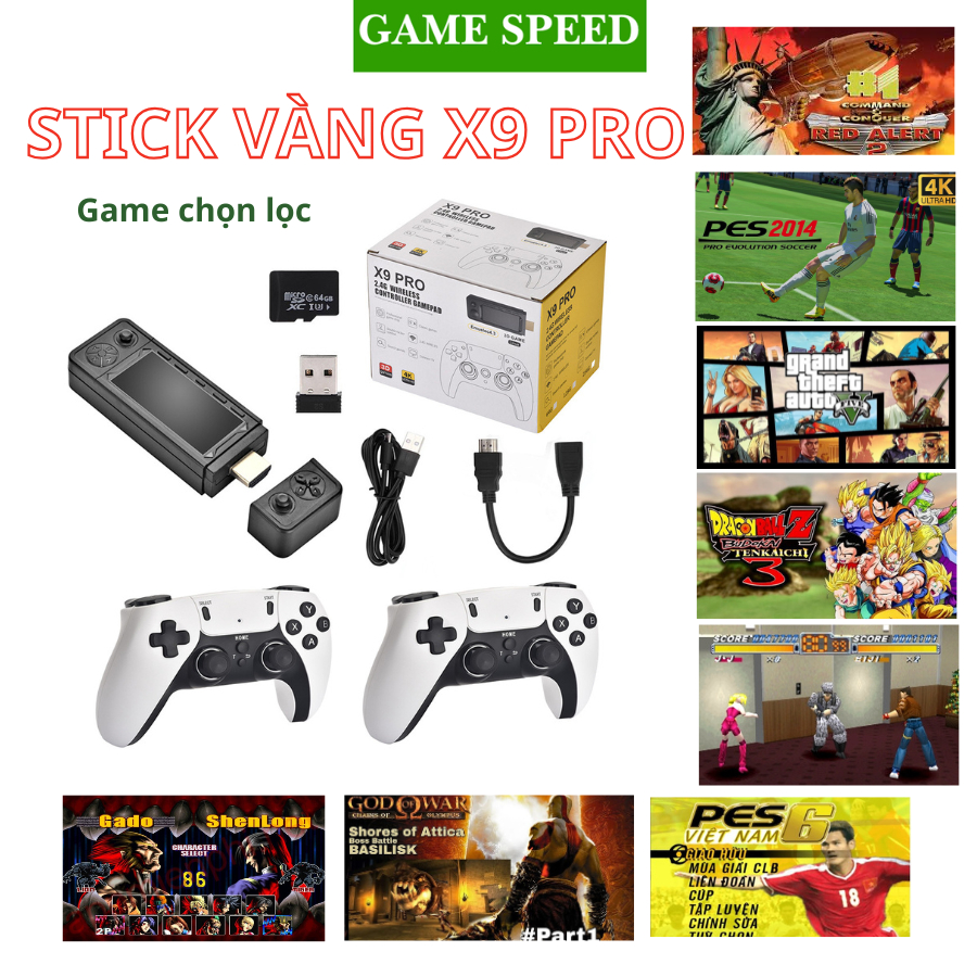 Máy Chơi Game Stick Vàng X9 PRO Chip S905 x 3 có 2 Tay Cầm Ram 2GB Có 40000 Game Cài Sẵn Độ Phân Giả