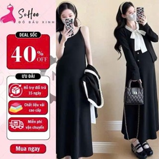  Váy bầu xinh đầm bầu babydoll set váy 2 dây kèm áo khoác cúc cài thu đông họa tiết trang trí thắt dây nơ xinh xắn 