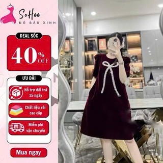Váy bầu xinh, đầm bầu thiết kế dáng babydoll vải nhung cao cấp, họa tiết ngọc đá trang trí xinh xắn, lên dáng cực xinh