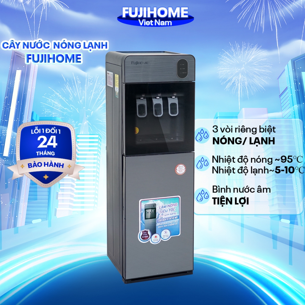 Cây nước nóng lạnh 3 vòi Fujihome nhập khẩu, bình âm tủ máy lọc nước nóng lạnh mini dispenser water tiết kiệm điện