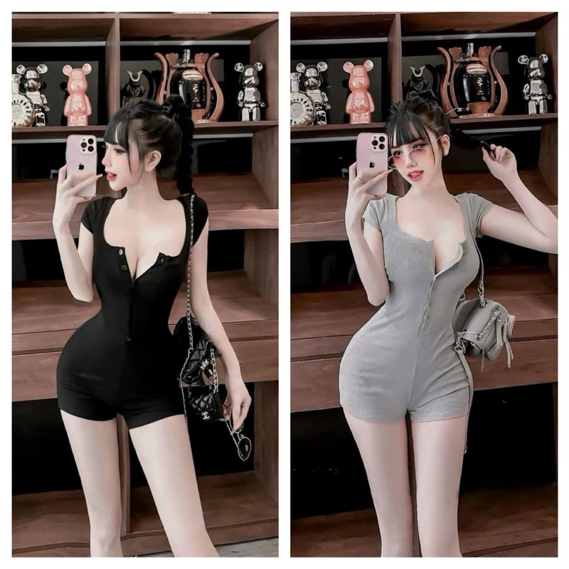 JUMPSUIT TRƠN ĐÙI NGẮN TAY GÀI NÚT HAI MÀU 10ca, jumpsuit nữ dáng đùi áo cổ vuông cài nút quần đùi ô