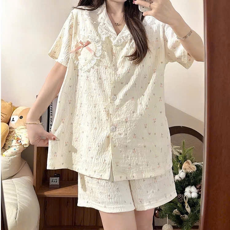 Đồ ngủ hoa nhỏ thanh lịch FDS cho phụ nữ, mùa hè, cotton mây, tay ngắn, quần short, áo cardigan nhỏ,