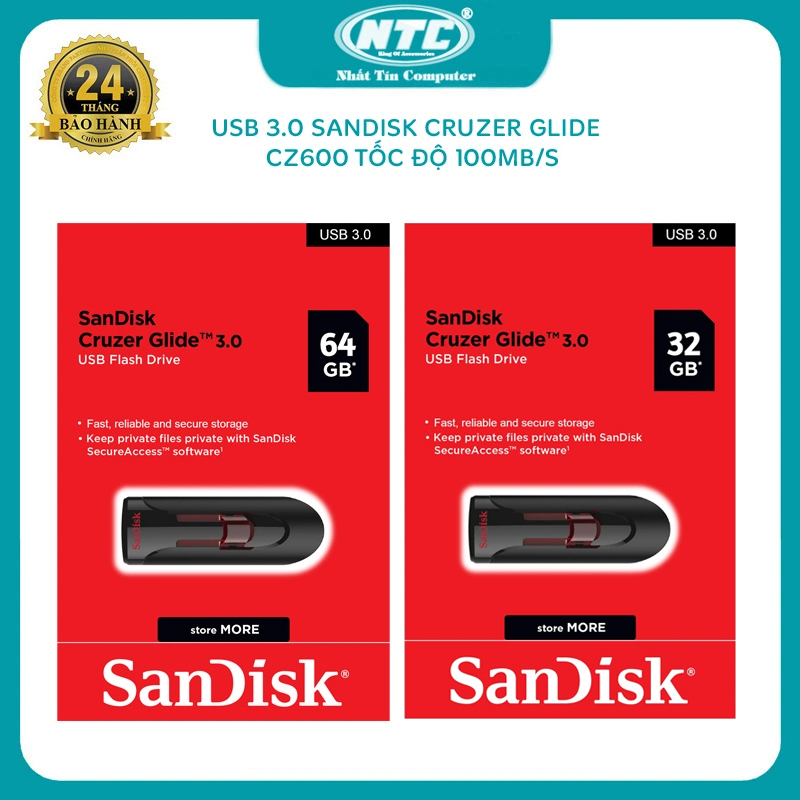 USB 3.0 SanDisk CZ600 Cruzer Glide 64GB / 32GB tốc độ đọc 100MB/s (Đen)