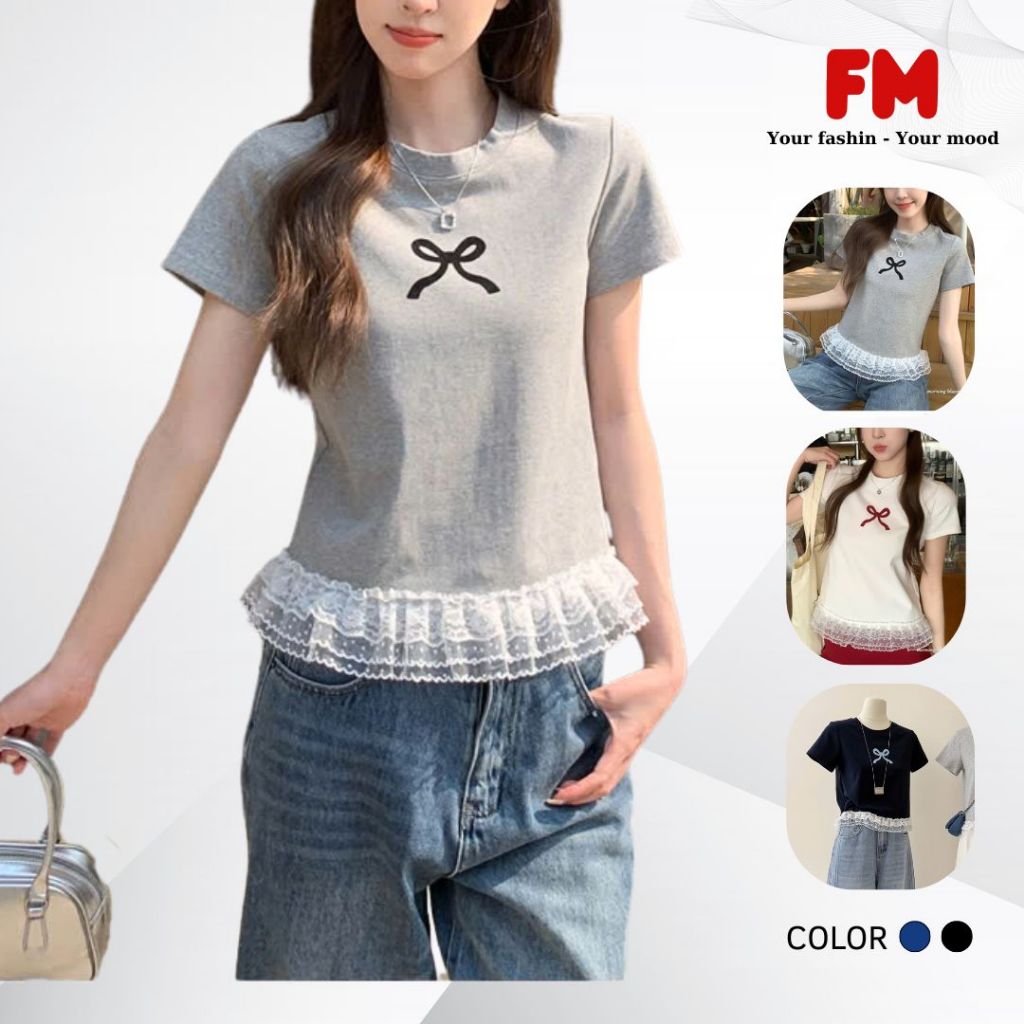 Áo Thun Nữ Kiểu FMSTYLE Táy Ngắn thêu nơ phối ren dễ thương màu hottrend Freesize  25040445