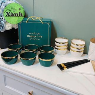    Set 6 Bát   Bộ Bát Men Sứ Xanh Cao Cấp - Bộ Chén Sứ Bát Ăn Cơm Sứ Trắng Viền Vàng Cao Cấp 