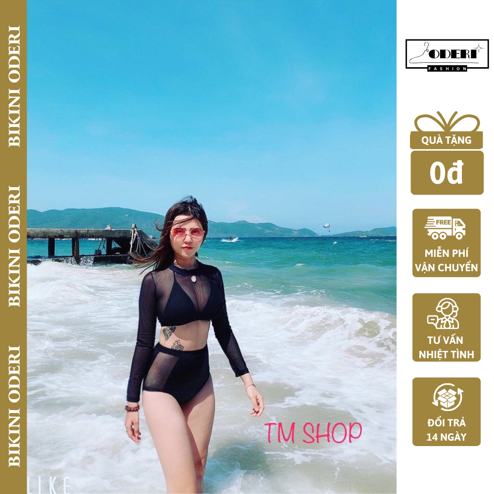 Bikini, Đồ Bơi Đi Biển Hai Mảnh Tay Dài Đen Lưới ODERI 831