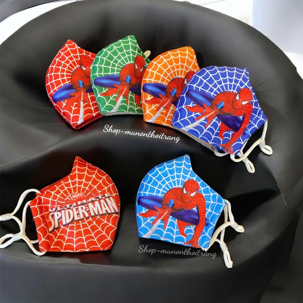 Khẩu trang vải cho bé trai dưới 5 tuổi in hình người nhện nhiều màu có dây rút điều chỉnh