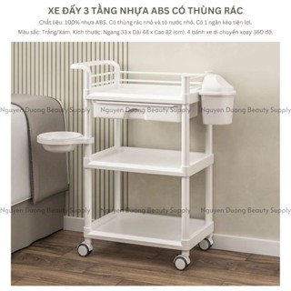 [Link Đặt Hoả Tốc] Xe Đẩy Dụng Cụ Spa 3 Tầng Full Nhựa ABS Có Thùng Rác - Trắng/Xám/Hồng