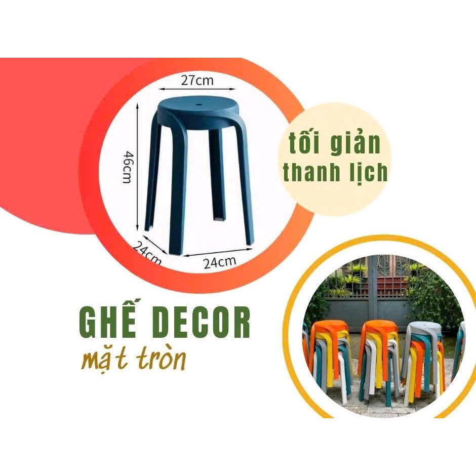 (Màu Cam) Ghế decor tròn nhựa đúc nguyên khối, Hàng Việt Nam chất lượng cao, ghế đẩu đẹp (1chiếc)