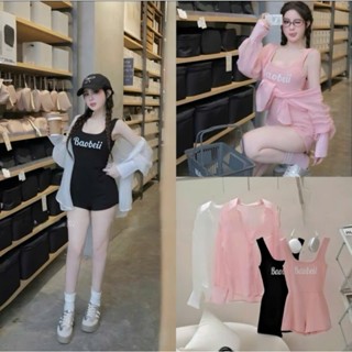 Sét jumpsuit đùi nữ thiết kế 2 màu đi biển cực sang sét jum bo tăm 2 dây ôm body in chữ phối khoác sơ mi tơ gãy from to