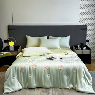 Set Chăn Ga Gối Lụa Phi Bóng Thêu Hoạ Tiết “Chăn Trần Hè” (Set 4 món