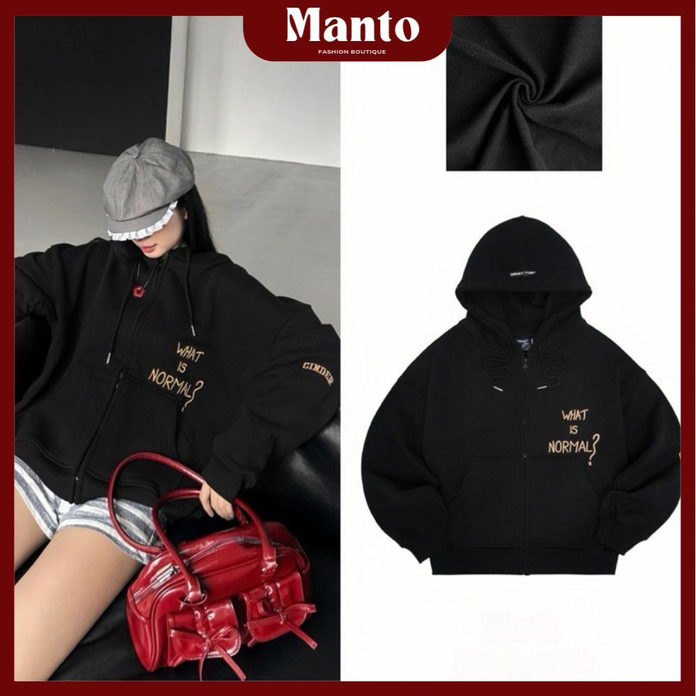 Áo khoác hoodie zip khóa kéo in thêu What Is Normal form boxy nón to rộng unisex chống nắng thoáng m